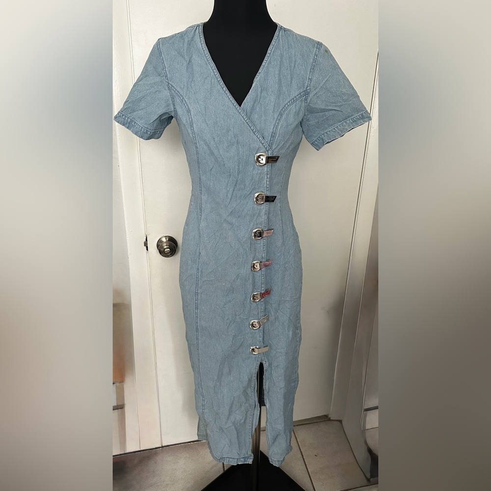 Vintage Light Blue Denim with Side Clamps Midi Dress size S